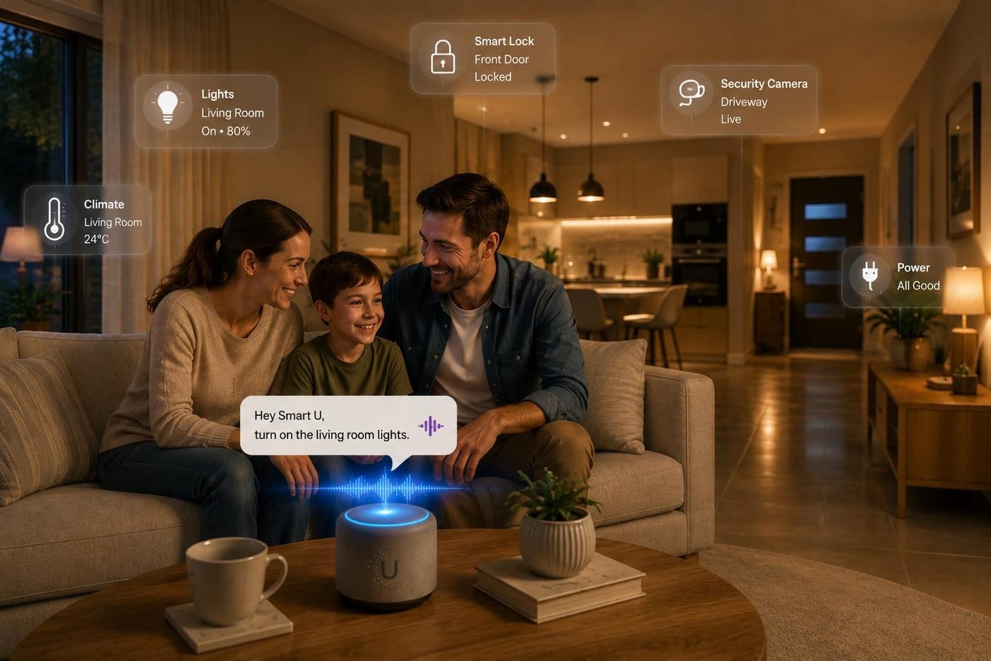 A family in their living room speaking to a Smart U Home device