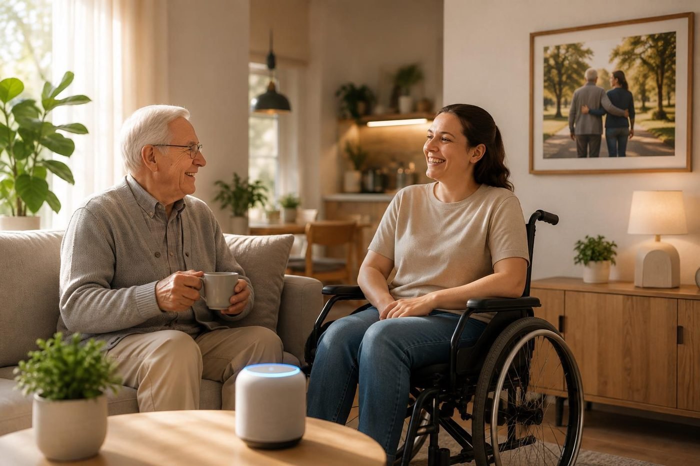 An older man and a woman using a wheelchair having tea together, with a Smart U Home device on the table