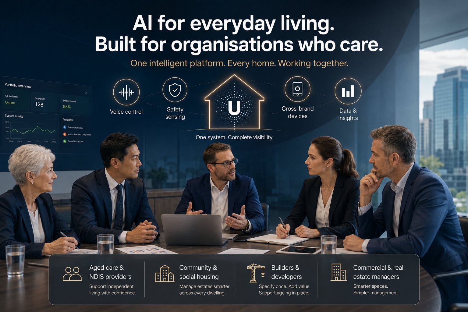 AI for everyday living, built for organisations who care. One intelligent platform covering voice control, safety sensing, cross-brand devices and data insights, for aged care and NDIS providers, community and social housing, builders and developers, and commercial and real estate managers.
