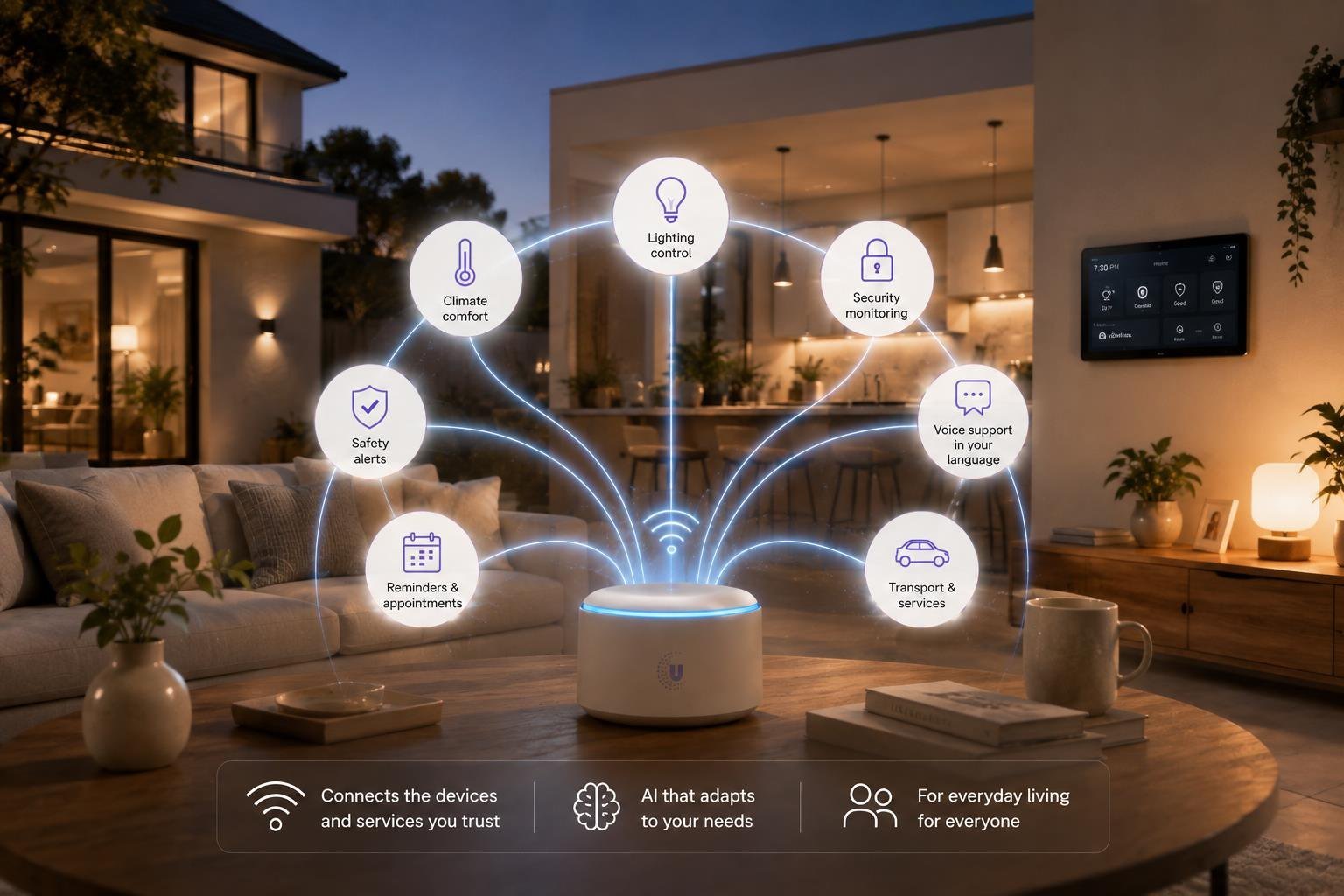 A Smart U Home speaker on a living room table, with labels around it for climate, lighting, security, reminders, transport and voice support