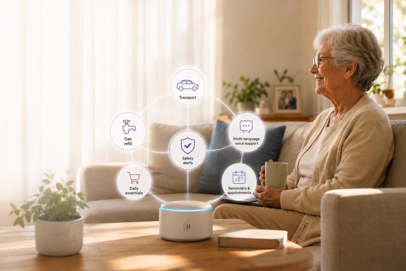 An older woman in her living room with a Smart U Home device on the table, labels around it for safety alerts, reminders, transport and voice support in her language
